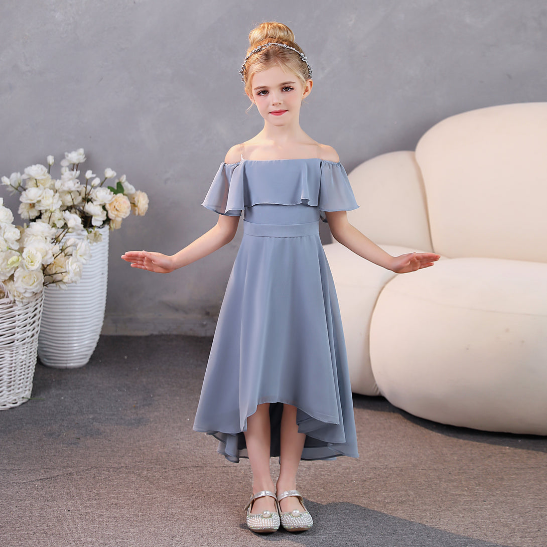 Girls Birthday Dresses Off-the-Ohoulder Cape Strapless Chiffon Tea-Length Asymmetrical Junior Bridesmaid Dress/Party Dresses With Belt Girls Gidiondress as picture 12M