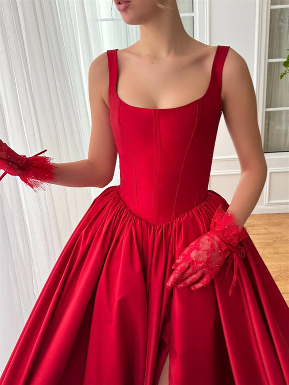 A-Line/Princess Square Neck Sleeveless Red Satin Floor-Length Prom Dresses With Pleated BabaMila