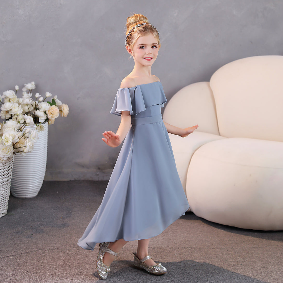 Girls Birthday Dresses Off-the-Ohoulder Cape Strapless Chiffon Tea-Length Asymmetrical Junior Bridesmaid Dress/Party Dresses With Belt Girls Gidiondress