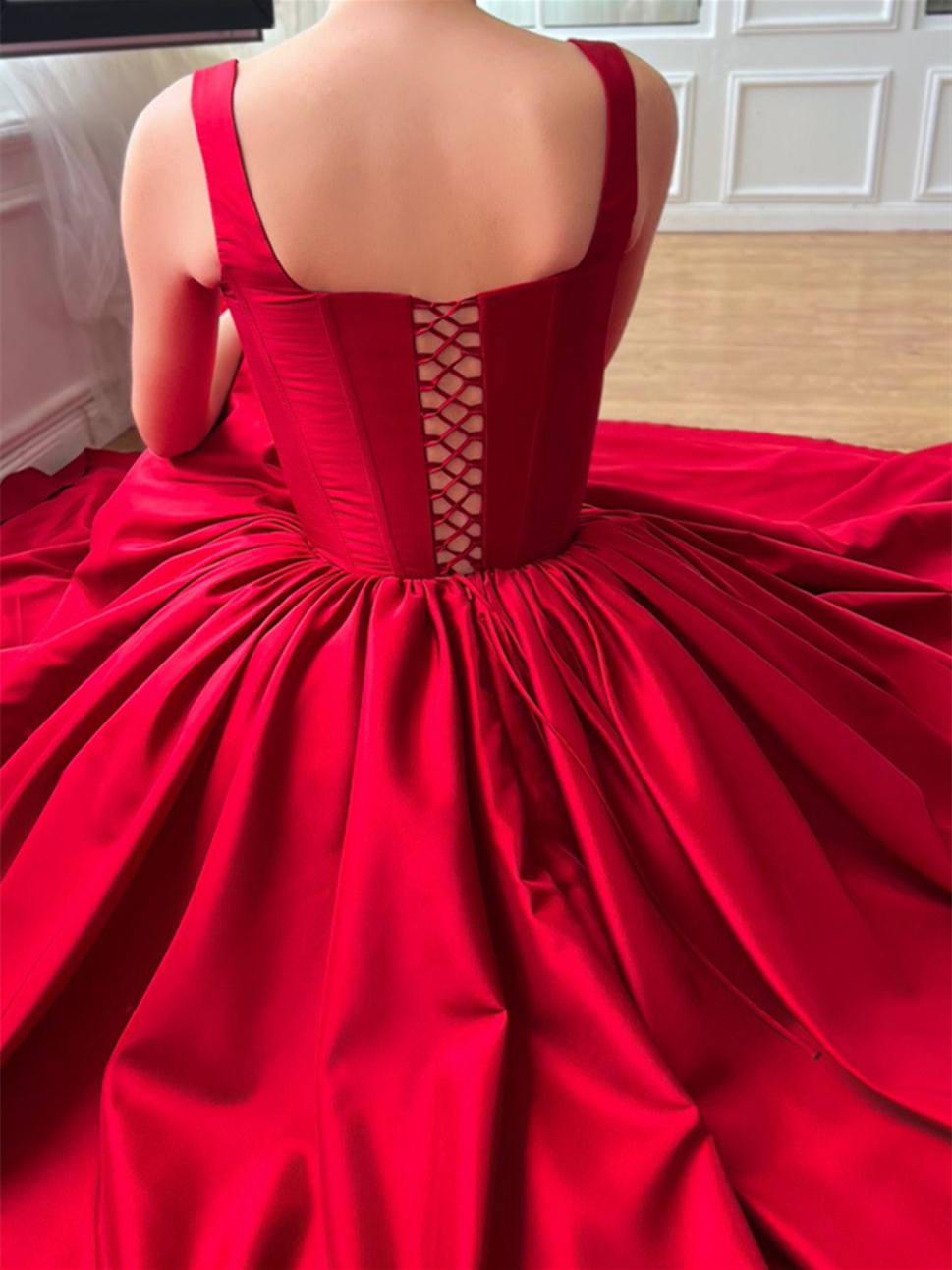 A-Line/Princess Square Neck Sleeveless Red Satin Floor-Length Prom Dresses With Pleated BabaMila