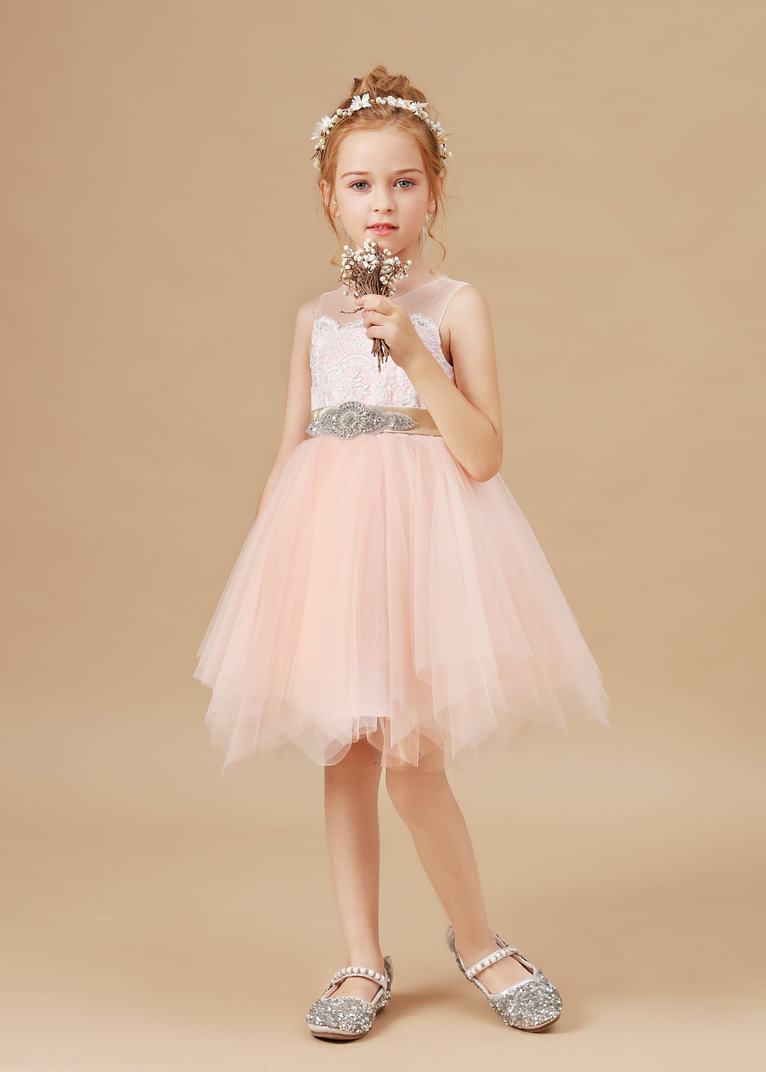 A-line Scoop Knee Length Lace/Tulle Pearl Pink Flower Girl Dress Girls Gidiondress