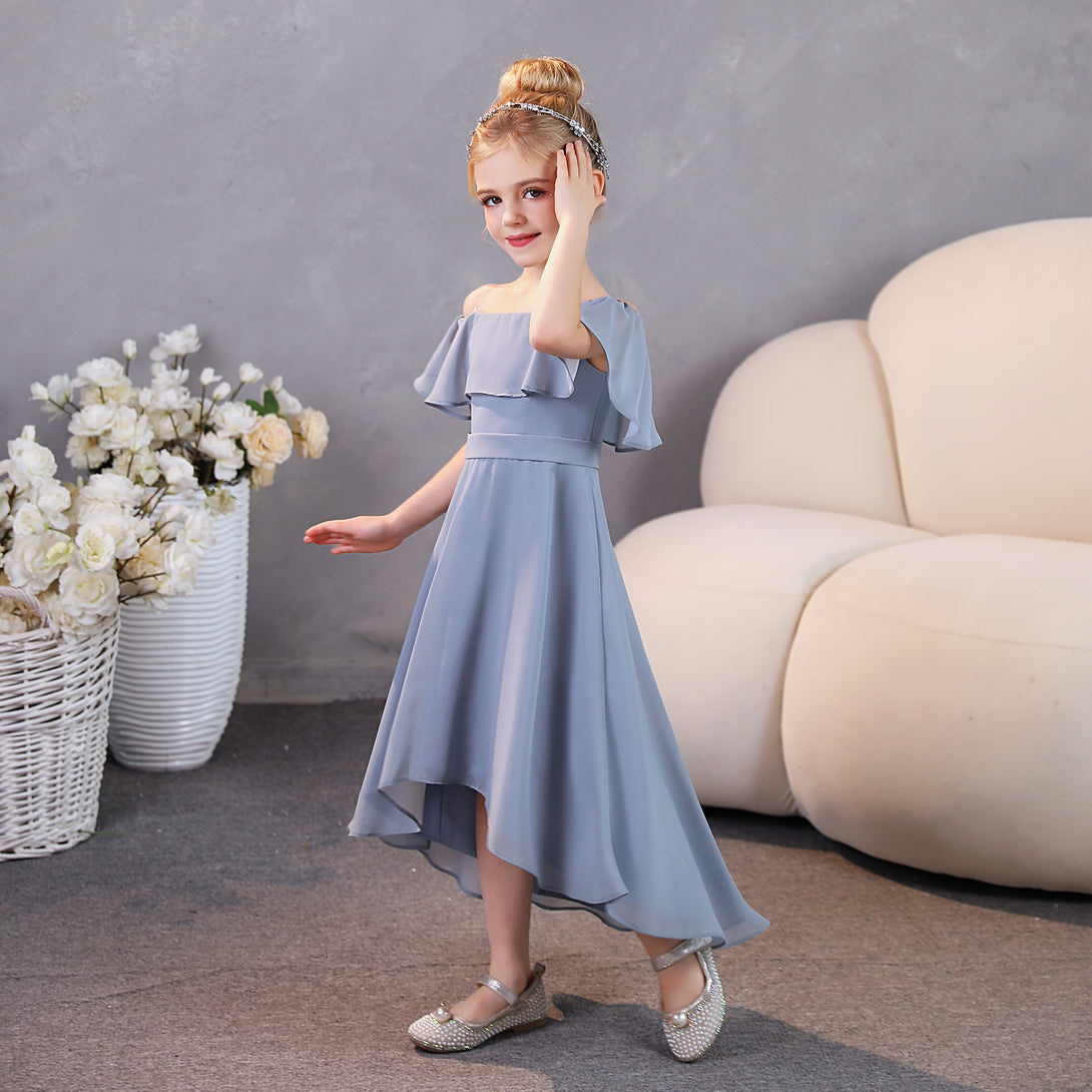 Girls Birthday Dresses Off-the-Ohoulder Cape Strapless Chiffon Tea-Length Asymmetrical Junior Bridesmaid Dress/Party Dresses With Belt Girls Gidiondress