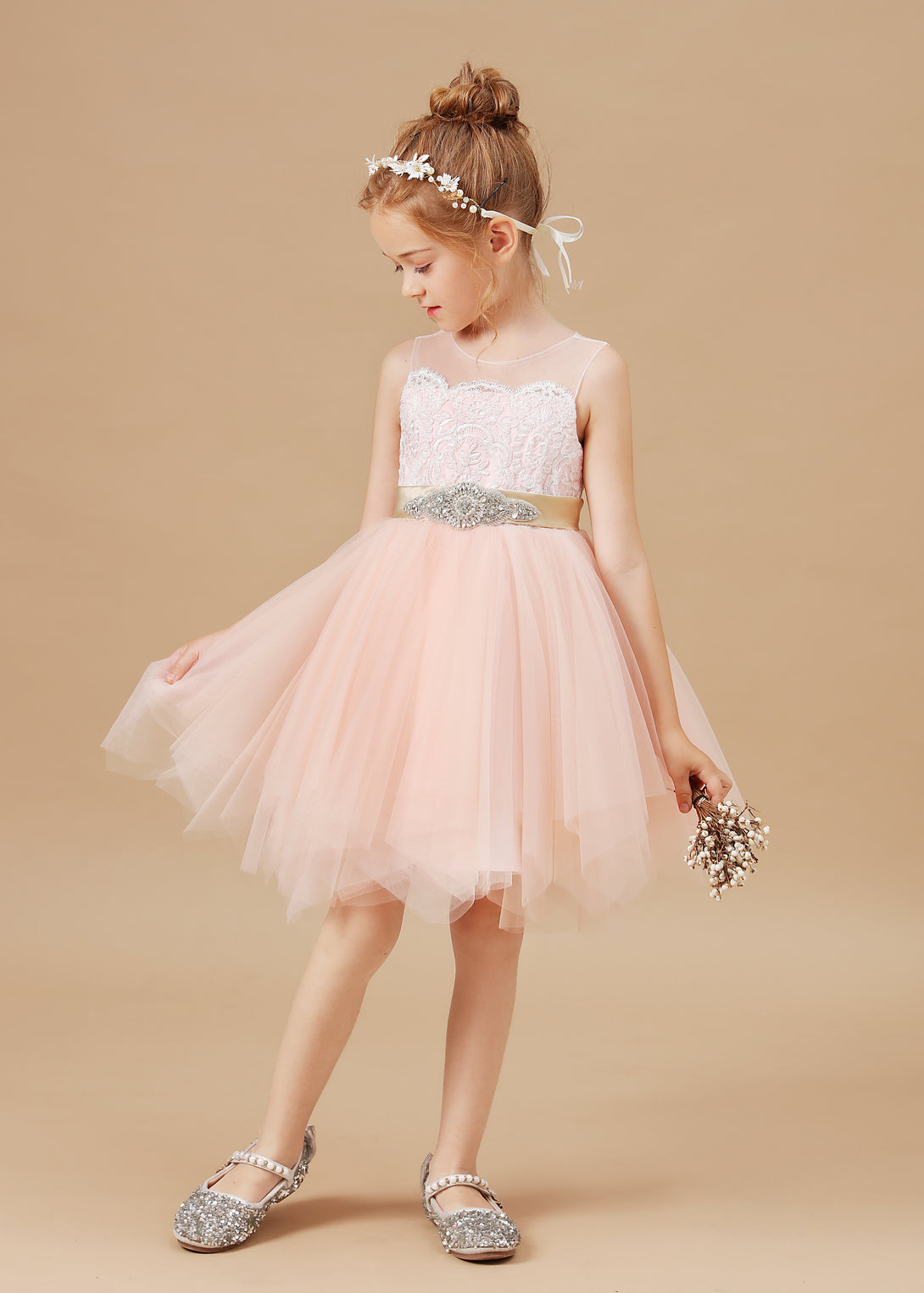 A-line Scoop Knee Length Lace/Tulle Pearl Pink Flower Girl Dress Girls Gidiondress