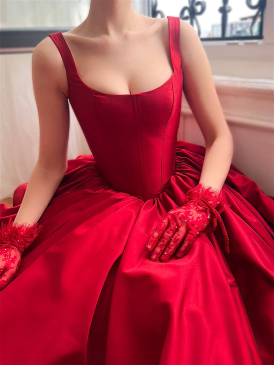 A-Line/Princess Square Neck Sleeveless Red Satin Floor-Length Prom Dresses With Pleated BabaMila