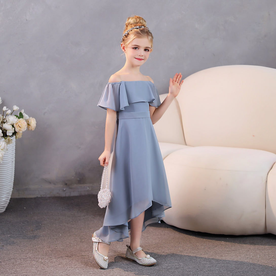 Girls Birthday Dresses Off-the-Ohoulder Cape Strapless Chiffon Tea-Length Asymmetrical Junior Bridesmaid Dress/Party Dresses With Belt Girls Gidiondress