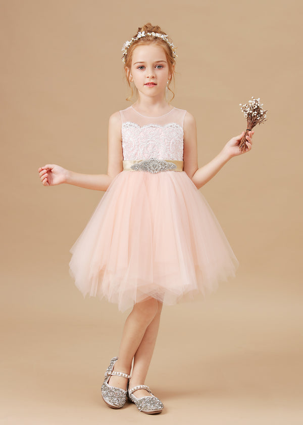 A-line Scoop Knee Length Lace/Tulle Pearl Pink Flower Girl Dress Girls Gidiondress
