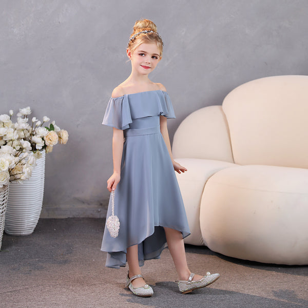 Girls Birthday Dresses Off-the-Ohoulder Cape Strapless Chiffon Tea-Length Asymmetrical Junior Bridesmaid Dress/Party Dresses With Belt Girls Gidiondress