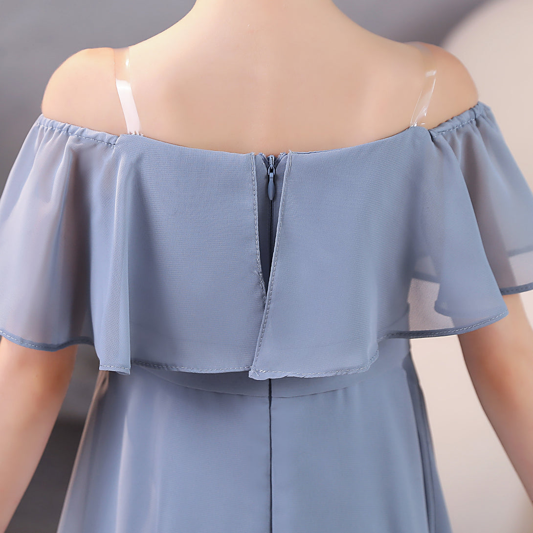 Girls Birthday Dresses Off-the-Ohoulder Cape Strapless Chiffon Tea-Length Asymmetrical Junior Bridesmaid Dress/Party Dresses With Belt Girls Gidiondress