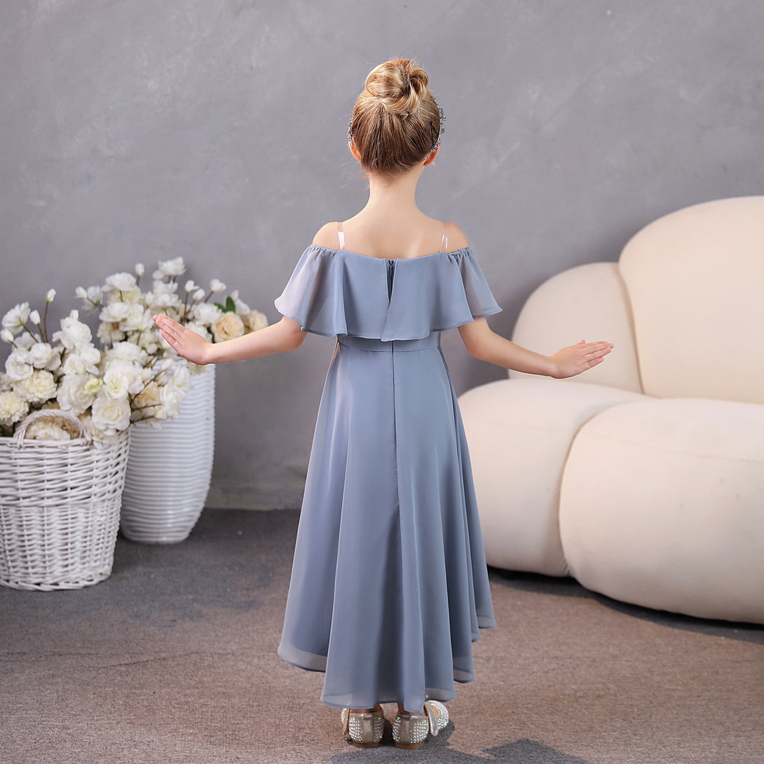 Girls Birthday Dresses Off-the-Ohoulder Cape Strapless Chiffon Tea-Length Asymmetrical Junior Bridesmaid Dress/Party Dresses With Belt Girls Gidiondress