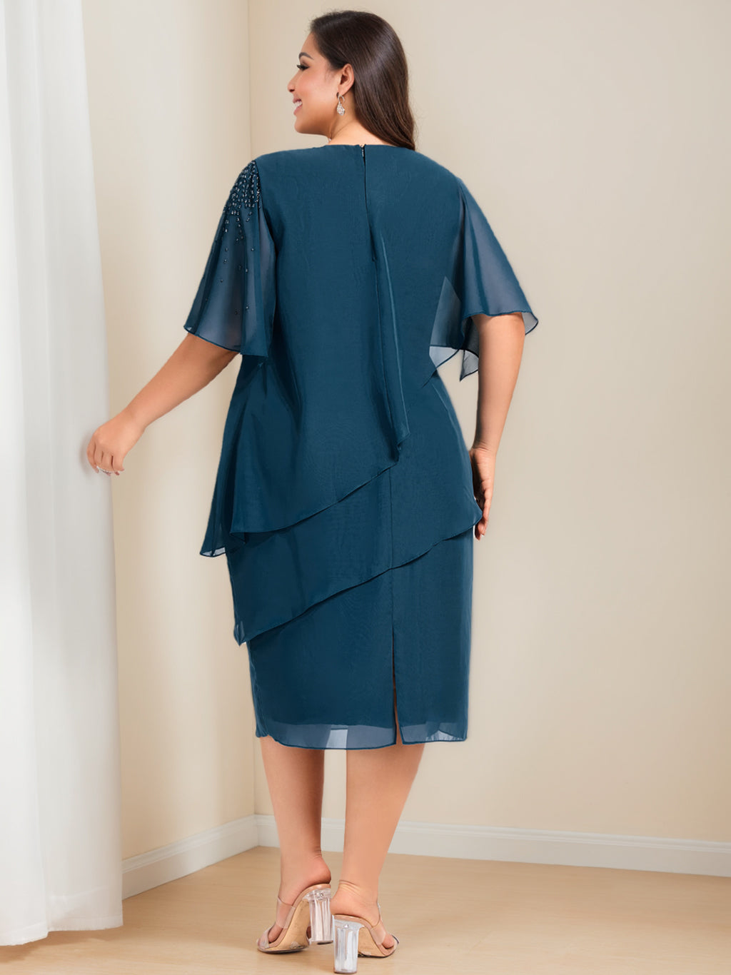 Sheath/Column Half Sleeves Knee-Length Plus Size Mother Of The Bride Outfits With Beading & Sequins BabaMila