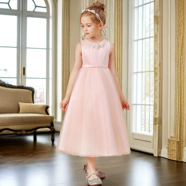 A-Line Sleeveless Scoop Neck Tea-Length Tulle/Satin Flower Girl Dresses/Girls Birthday Dresses With Pleated/Beads/Bow Girls Gidiondress