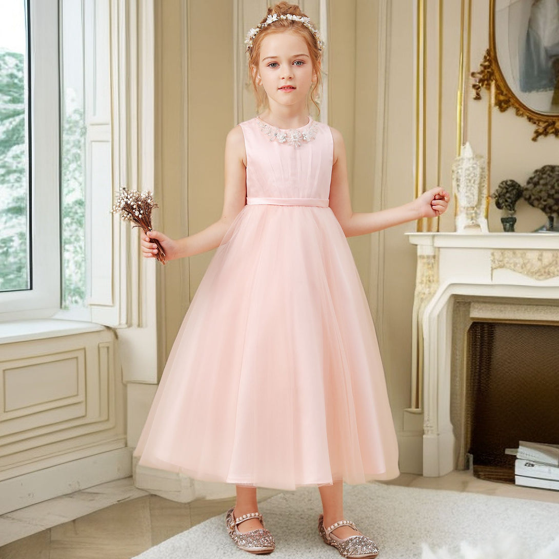 A-Line Sleeveless Scoop Neck Tea-Length Tulle/Satin Flower Girl Dresses/Girls Birthday Dresses With Pleated/Beads/Bow Girls Gidiondress