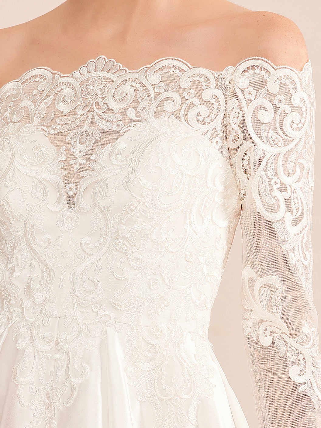 A-Line/Princess Off-the-Shoulder Long-Length Floor-Length Lace Wedding Dress with Appliques BabaMila