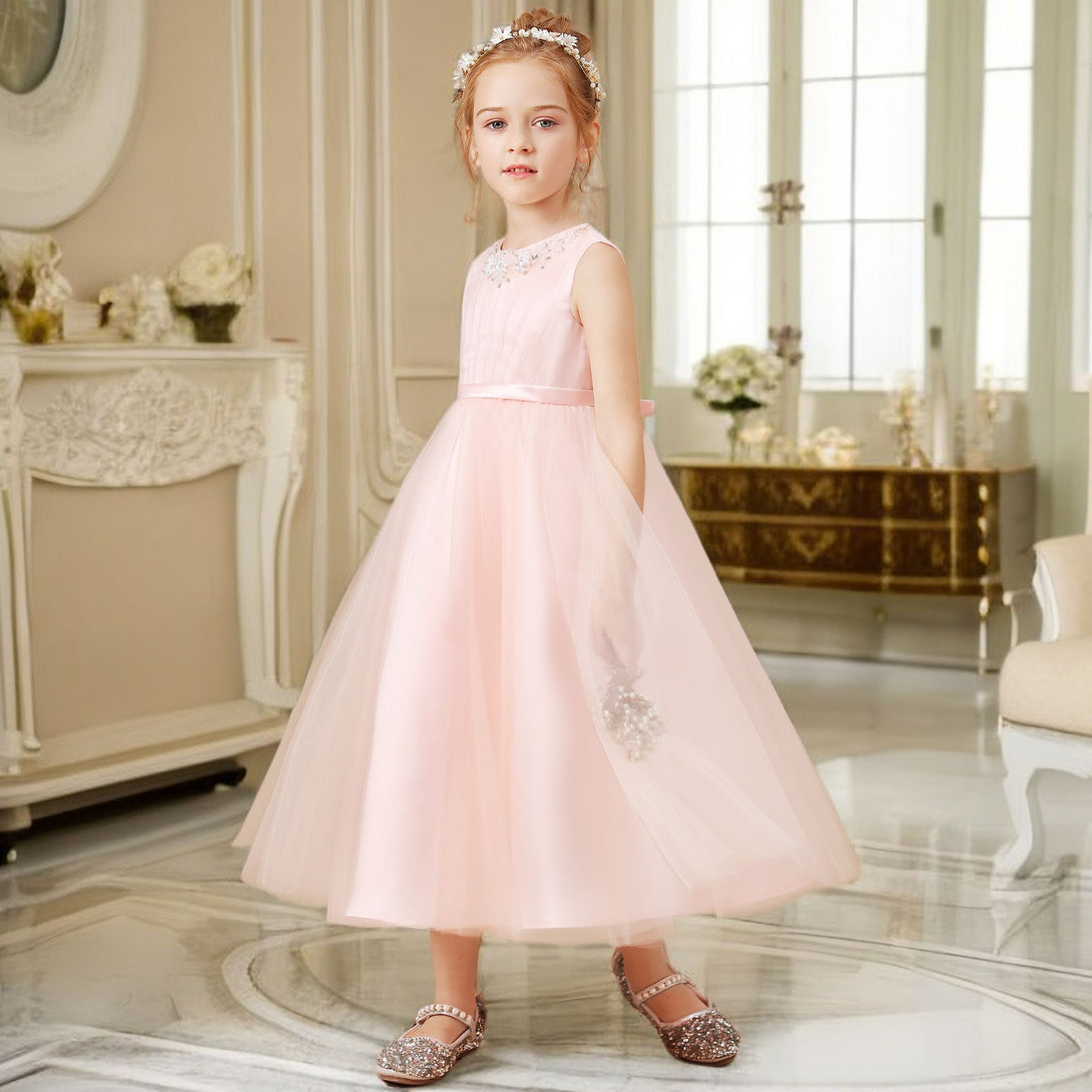 A-Line Sleeveless Scoop Neck Tea-Length Tulle/Satin Flower Girl Dresses/Girls Birthday Dresses With Pleated/Beads/Bow Girls Gidiondress