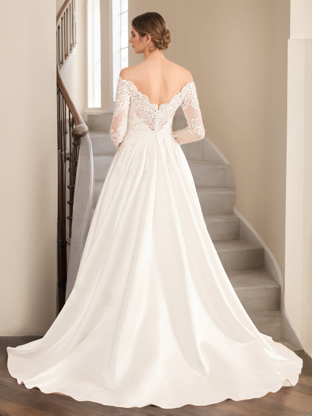 A-Line/Princess Off-the-Shoulder Long-Length Floor-Length Lace Wedding Dress with Appliques BabaMila