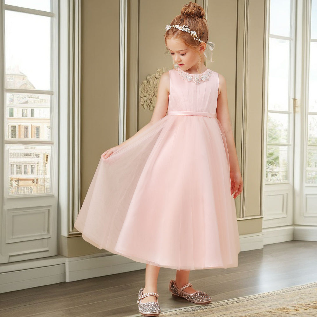 A-Line Sleeveless Scoop Neck Tea-Length Tulle/Satin Flower Girl Dresses/Girls Birthday Dresses With Pleated/Beads/Bow Girls Gidiondress