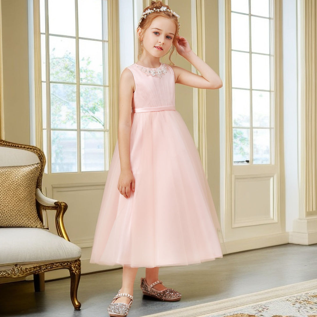 A-Line Sleeveless Scoop Neck Tea-Length Tulle/Satin Flower Girl Dresses/Girls Birthday Dresses With Pleated/Beads/Bow Girls Gidiondress