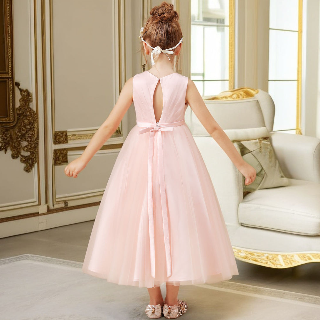 A-Line Sleeveless Scoop Neck Tea-Length Tulle/Satin Flower Girl Dresses/Girls Birthday Dresses With Pleated/Beads/Bow Girls Gidiondress
