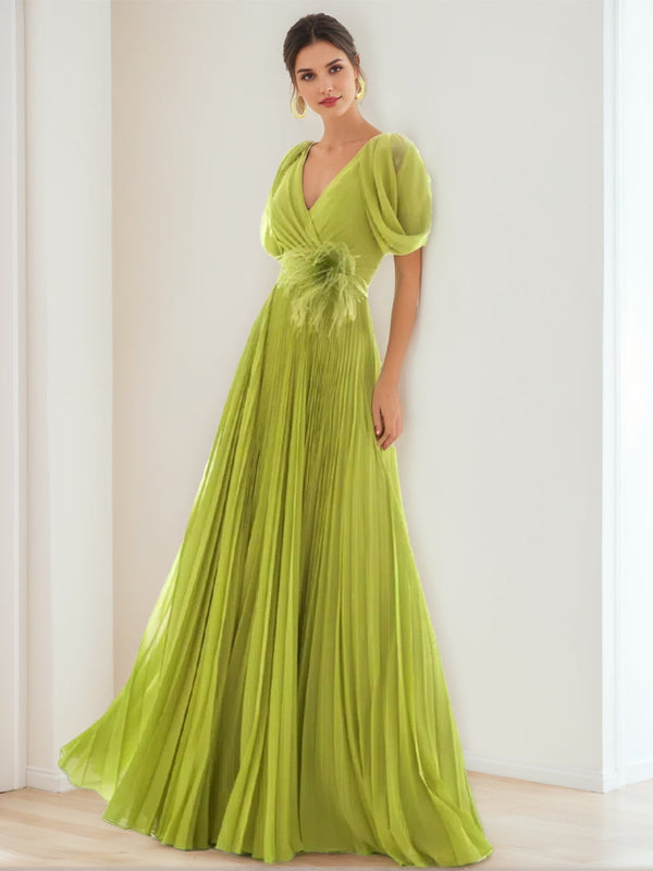 Chiffon A-Line/Princess V-Neck Short Sleeves Formal Evening Dresses with Feather/Pleats BabaMila