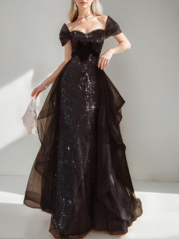 Black Luxurious A-Line/Princess Short Sleeves Evening Dresses with Sequins/Ruffles BabaMila