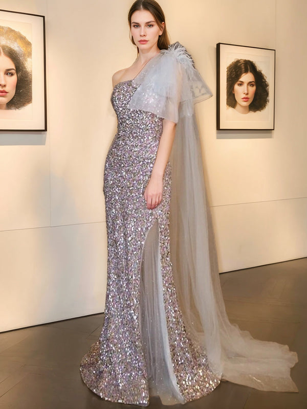 Trumpet/Mermaid One-Shoulder Sleeveless Sequined Evening Dresses with Feather BabaMila