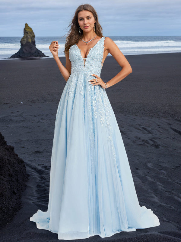 A-Line/Princess V-Neck Sleeveless Floor-Length Prom Dresses with Appliques BabaMila
