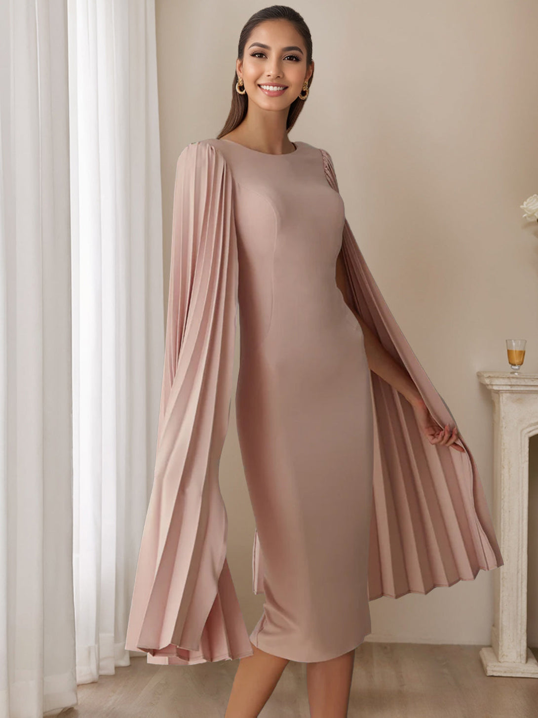 Sheath/Column Scoop Pleated Long Sleeves Tea Length Mother Of The Bride & Groom Dresses BabaMila