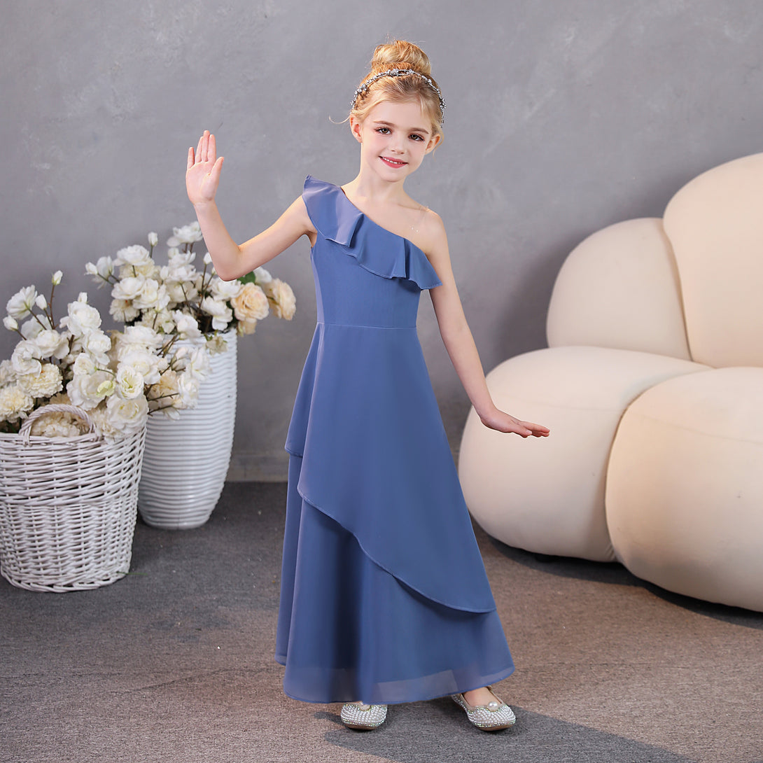 Girls Birthday Dresses One-Shoulder Sleeveless Chiffon Floor-Length Graceful Junior Bridesmaid Dress/Party Dresses With Ruffled Hem Girls Gidiondress