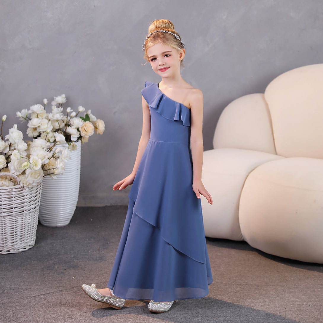 Girls Birthday Dresses One-Shoulder Sleeveless Chiffon Floor-Length Graceful Junior Bridesmaid Dress/Party Dresses With Ruffled Hem Girls Gidiondress