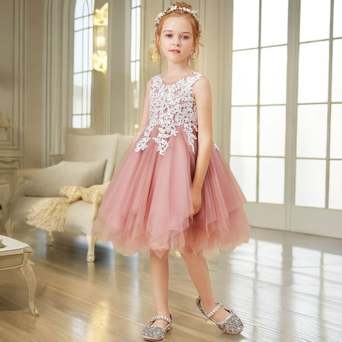 Sleeveless Scoop Neck Knee-Length Tulle Flower Girl Dresses/Girls Birthday Dresses With Appliques Girls Gidiondress