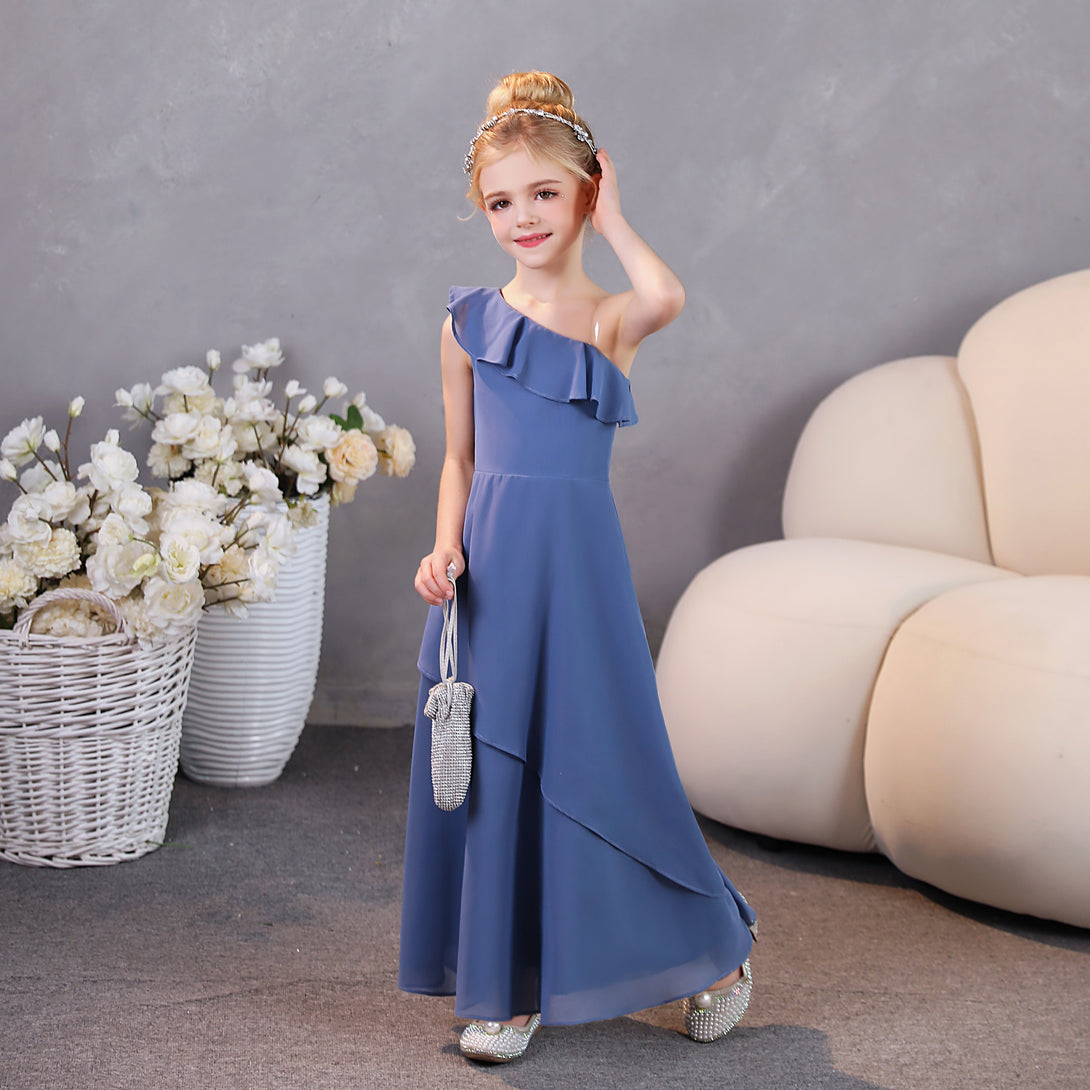 Girls Birthday Dresses One-Shoulder Sleeveless Chiffon Floor-Length Graceful Junior Bridesmaid Dress/Party Dresses With Ruffled Hem Girls Gidiondress