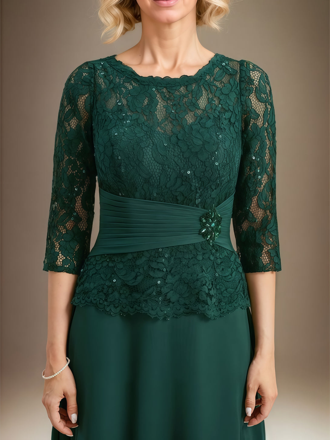 Scoop Neck A-Line 3/4 Sleeve Floor-Length Chiffon/Lace Mother of the Bride Dress With Beads/Pleated/Belt BabaMila