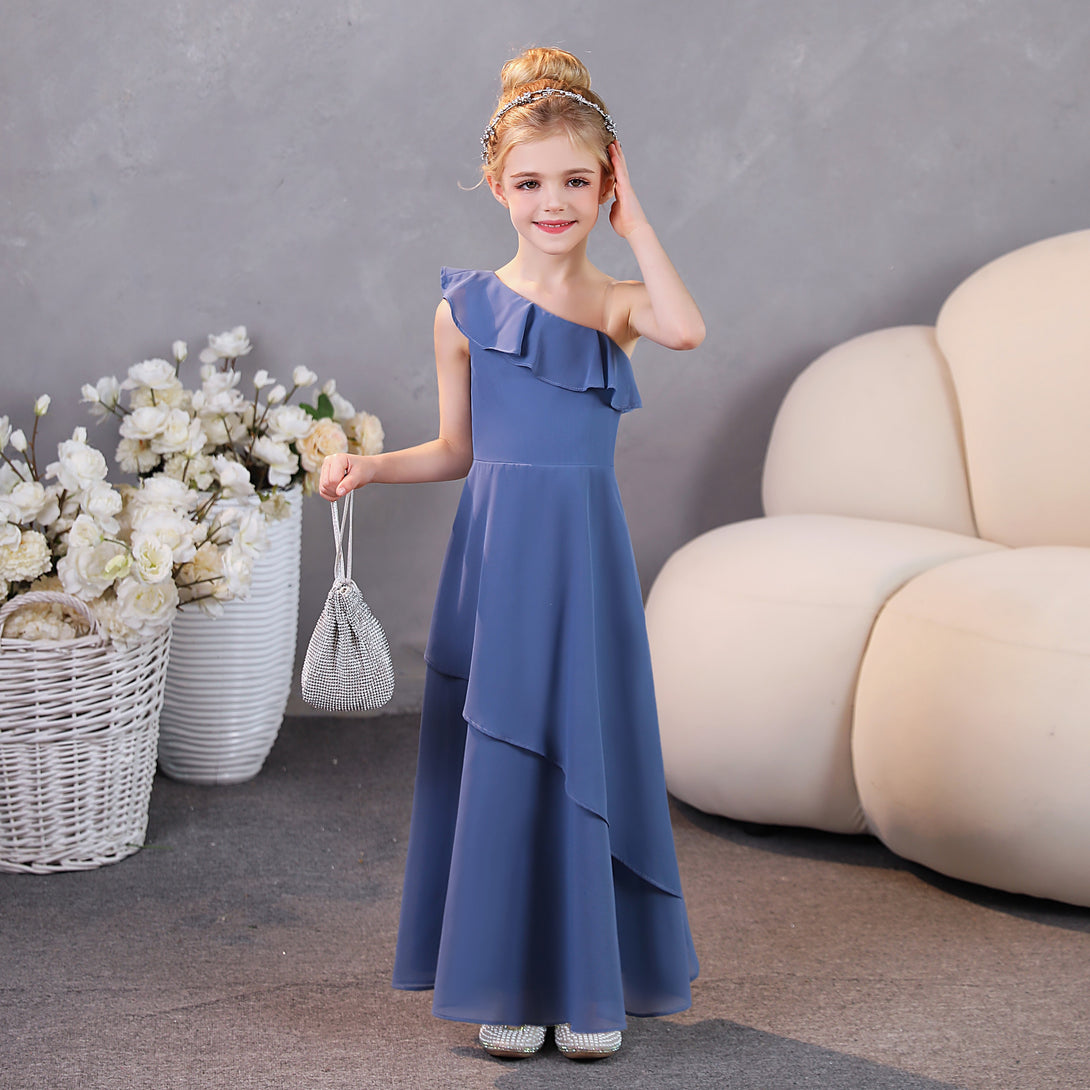 Girls Birthday Dresses One-Shoulder Sleeveless Chiffon Floor-Length Graceful Junior Bridesmaid Dress/Party Dresses With Ruffled Hem Girls Gidiondress as picture 12M