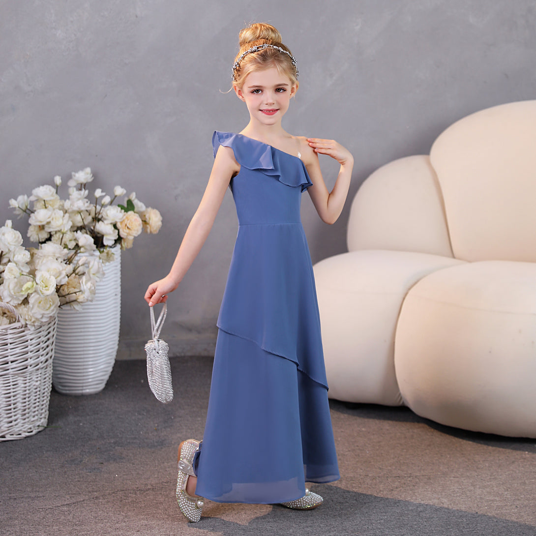 Girls Birthday Dresses One-Shoulder Sleeveless Chiffon Floor-Length Graceful Junior Bridesmaid Dress/Party Dresses With Ruffled Hem Girls Gidiondress