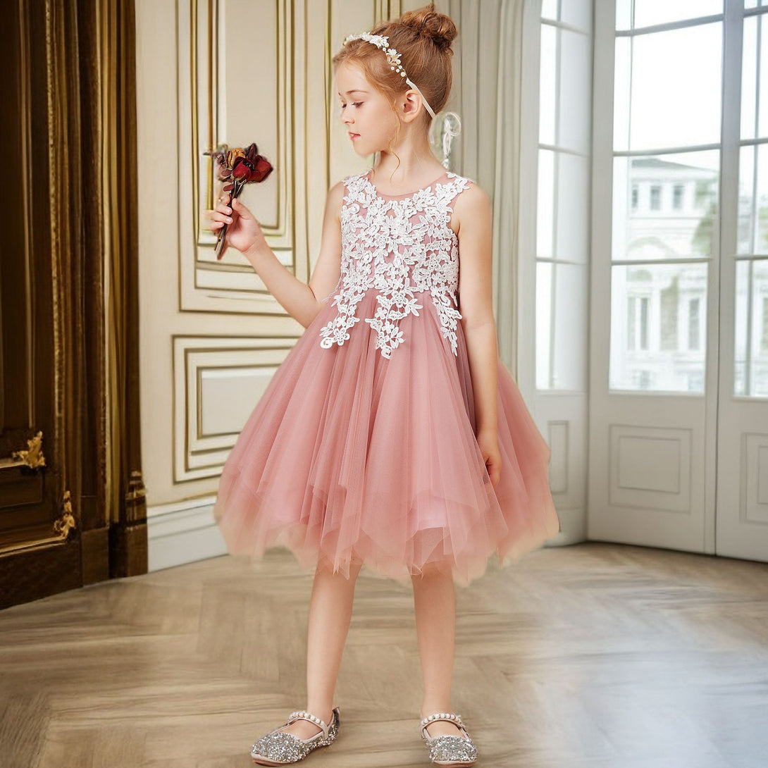 Sleeveless Scoop Neck Knee-Length Tulle Flower Girl Dresses/Girls Birthday Dresses With Appliques Girls Gidiondress