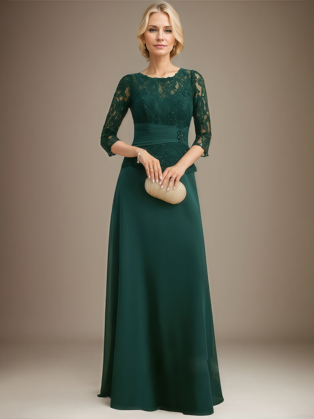 Scoop Neck A-Line 3/4 Sleeve Floor-Length Chiffon/Lace Mother of the Bride Dress With Beads/Pleated/Belt BabaMila