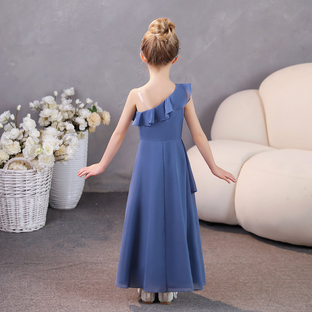 Girls Birthday Dresses One-Shoulder Sleeveless Chiffon Floor-Length Graceful Junior Bridesmaid Dress/Party Dresses With Ruffled Hem Girls Gidiondress