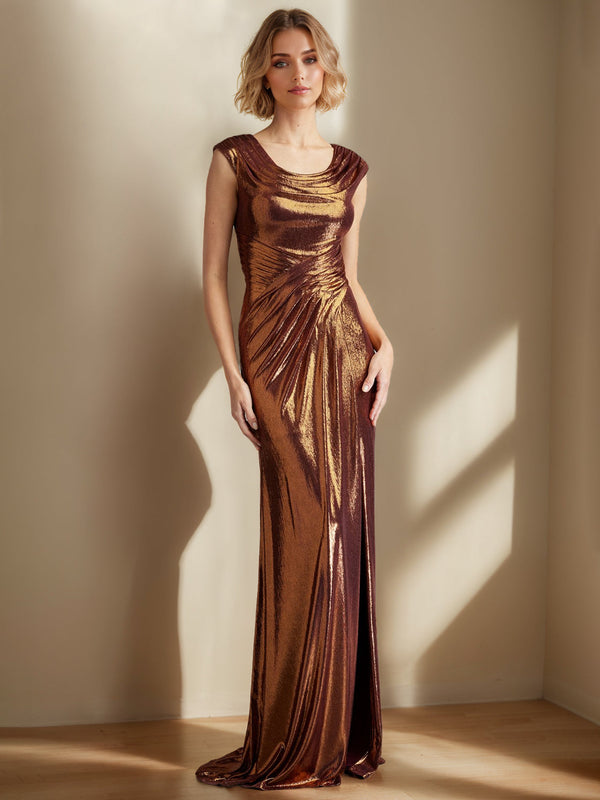 Trumpet/Mermaid Scoop Neck Sleeveless Floor-Length Mother Of The Bride Long Dresses With Ruffles & Split Side BabaMila