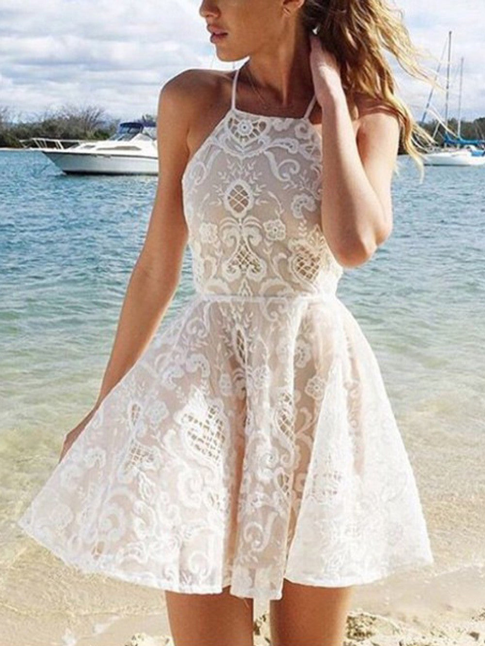 Homecoming Dress Halter Lace Ivory Short Prom Dress Party Dress Homecoming Dress BabaMila