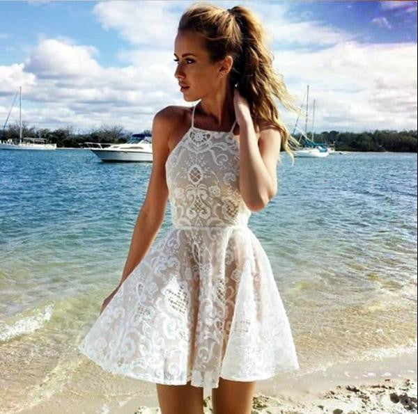 Homecoming Dress Halter Lace Ivory Short Prom Dress Party Dress Homecoming Dress BabaMila