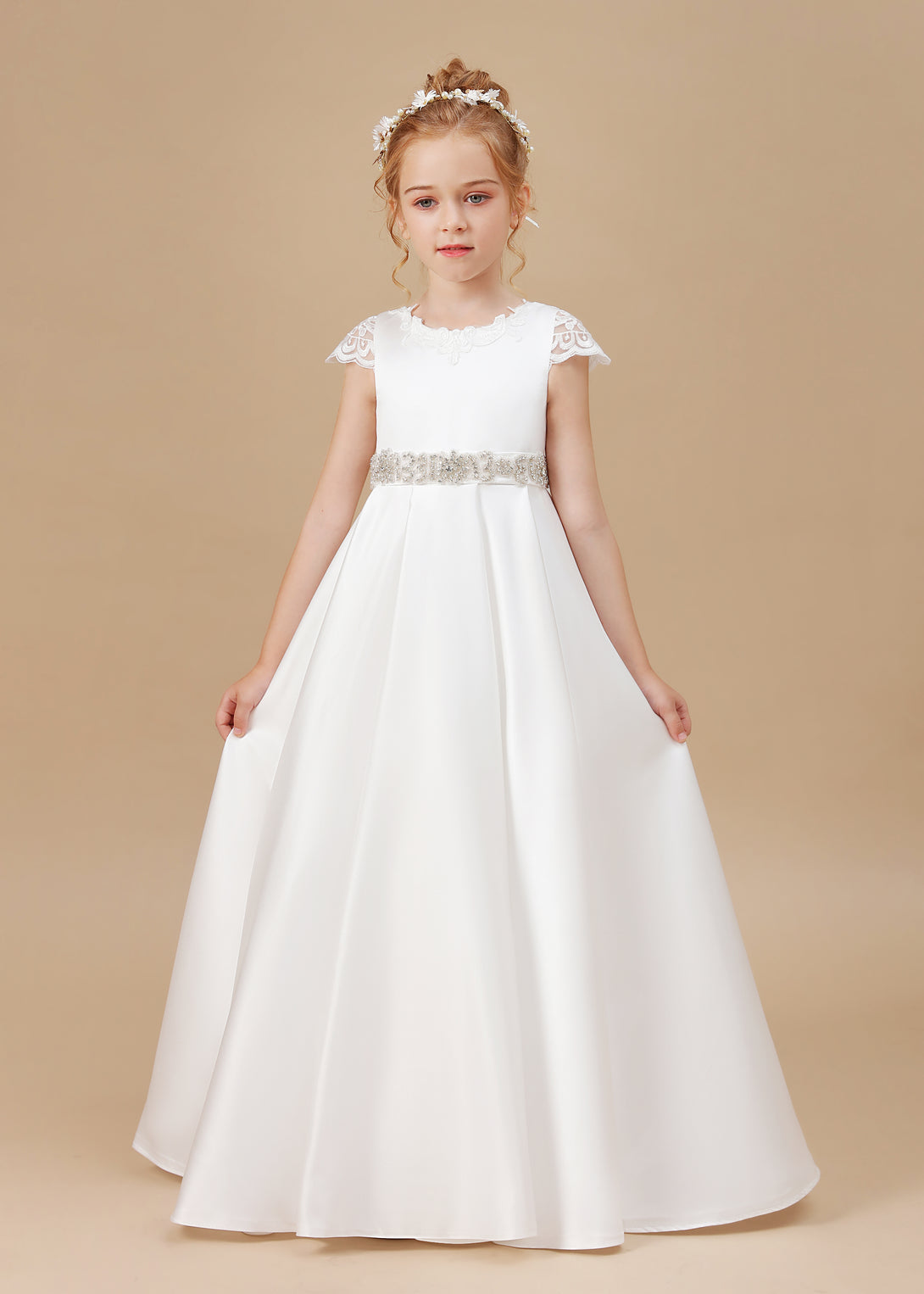 Ball Gown/Princess Cap Sleeve Scoop Neck Floor-Length Ivory Court Train Lace/Satin Flower Girl Dresses With Beads Belt and Removable Bow Girls Gidiondress