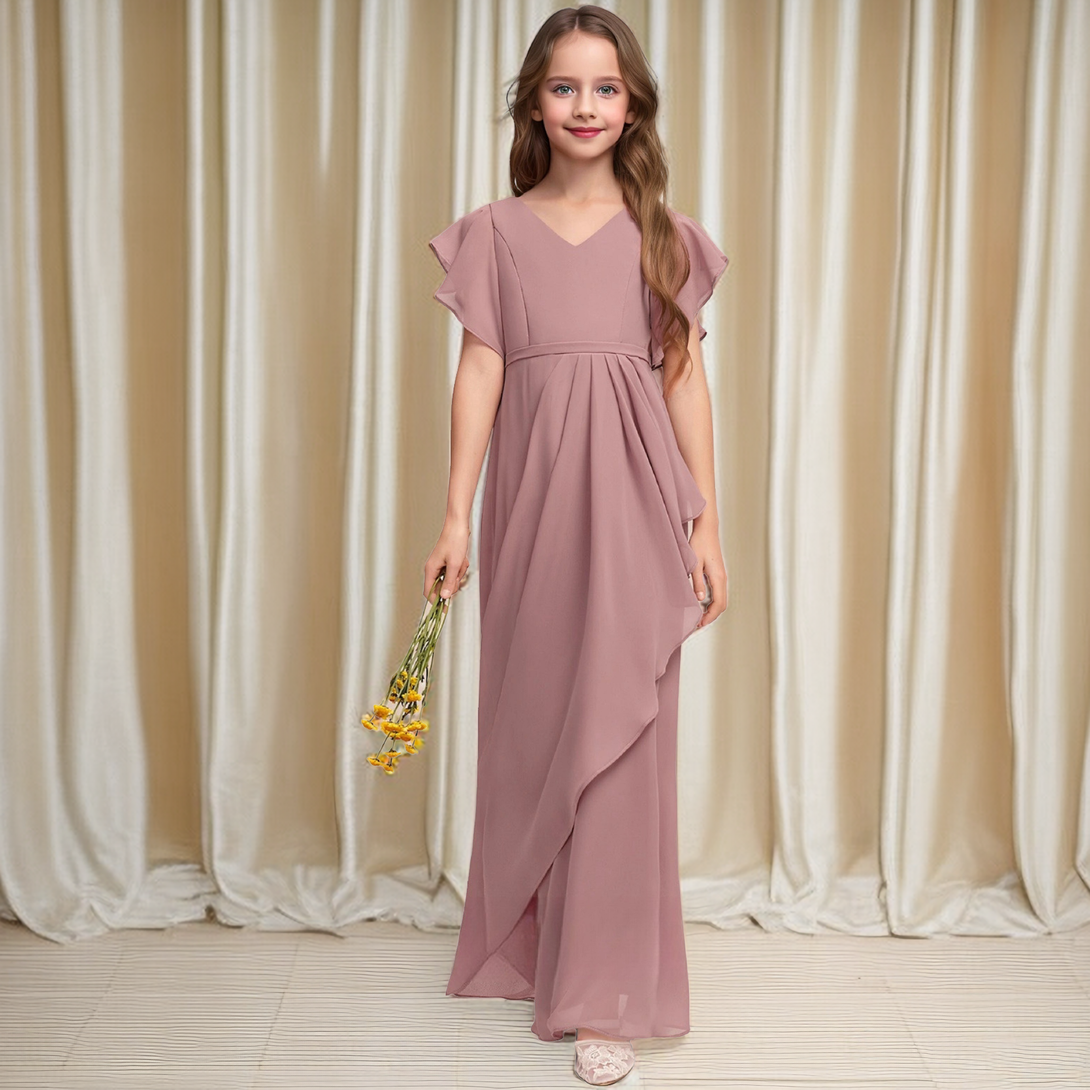 A-line V-Neck Floor-Length Chiffon Junior Bridesmaid Dress With Cascading Ruffles Girls Gidiondress