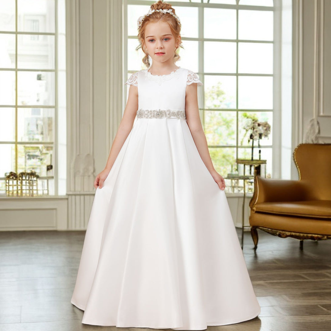 Ball Gown/Princess Cap Sleeve Scoop Neck Floor-Length Ivory Court Train Lace/Satin Flower Girl Dresses With Beads Belt and Removable Bow Girls Gidiondress