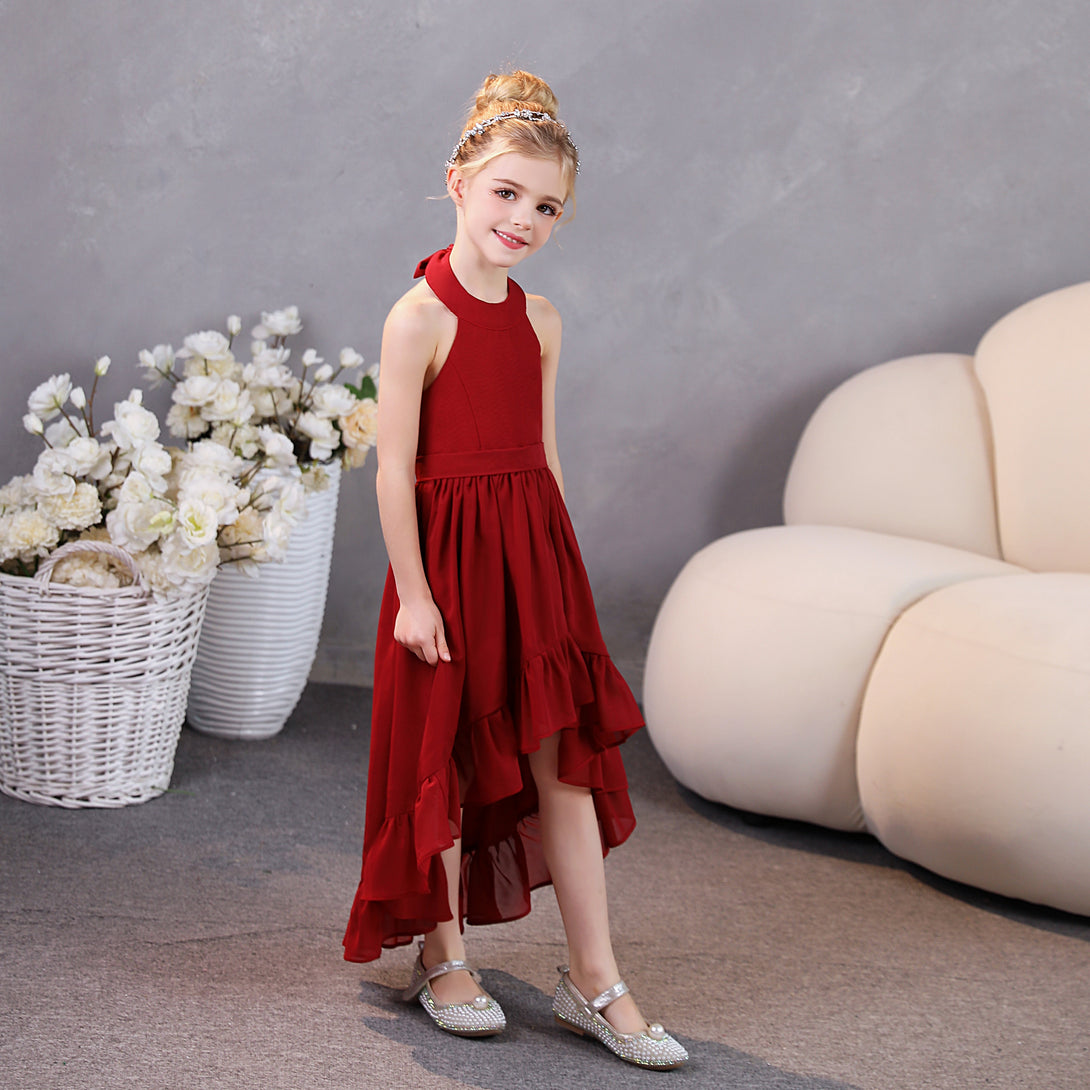Girls Birthday Dresses Halter Sleeveless Chiffon Asymmetrical Junior Bridesmaid Dress/Party Dresses With Ruffled Hem/Belt Girls Gidiondress