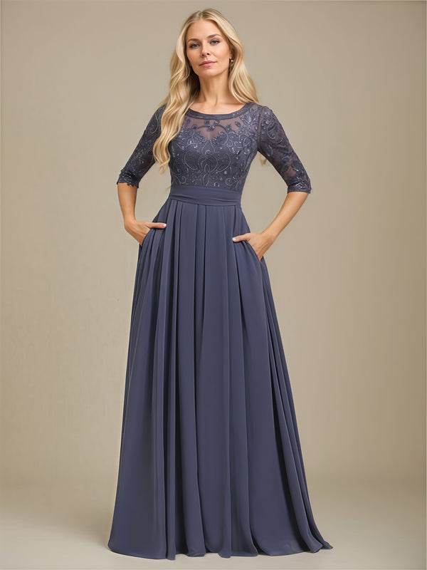 Scoop Neck A-Line Half Sleeve Illusion Floor-Length Chiffon/Lace Mother of the Bride Dress With Sequins/Appliques/Belt BabaMila