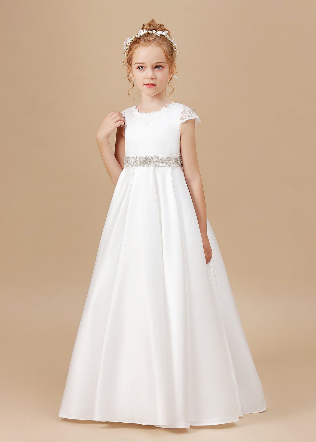 Ball Gown/Princess Cap Sleeve Scoop Neck Floor-Length Ivory Court Train Lace/Satin Flower Girl Dresses With Beads Belt and Removable Bow Girls Gidiondress