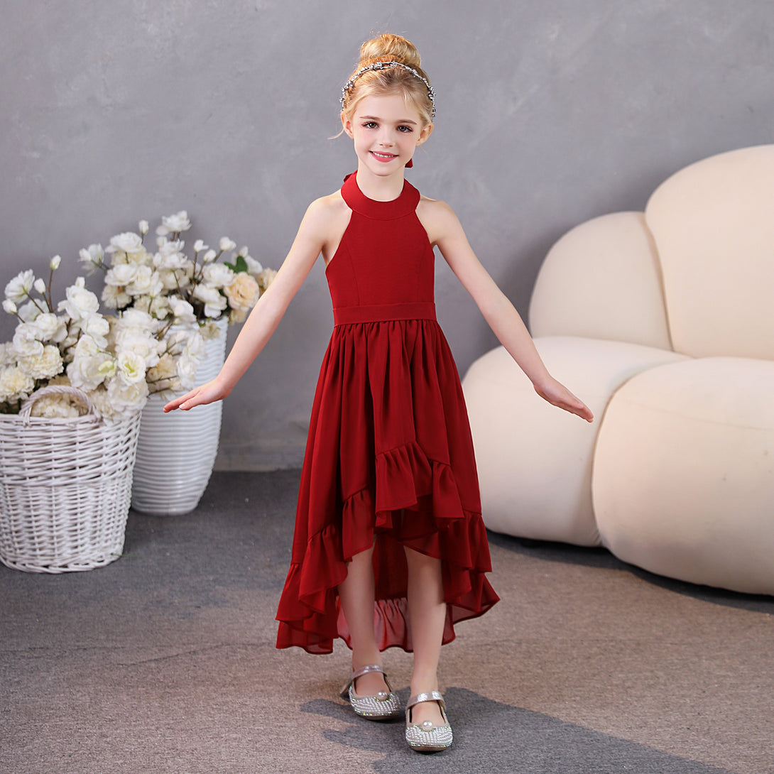 Girls Birthday Dresses Halter Sleeveless Chiffon Asymmetrical Junior Bridesmaid Dress/Party Dresses With Ruffled Hem/Belt Girls Gidiondress as picture 12M