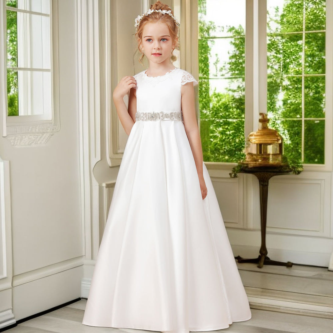 Ball Gown/Princess Cap Sleeve Scoop Neck Floor-Length Ivory Court Train Lace/Satin Flower Girl Dresses With Beads Belt and Removable Bow Girls Gidiondress