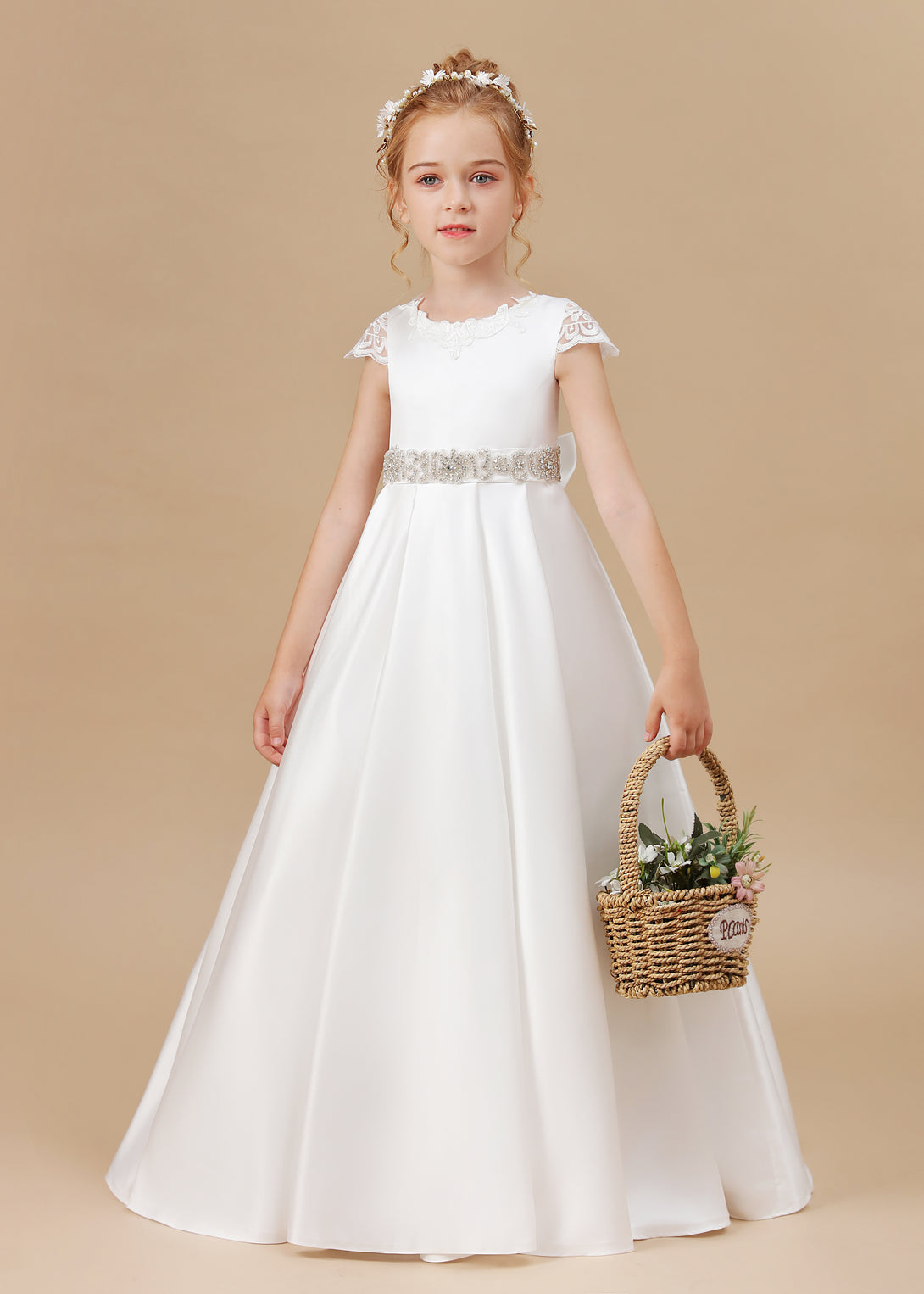 Ball Gown/Princess Cap Sleeve Scoop Neck Floor-Length Ivory Court Train Lace/Satin Flower Girl Dresses With Beads Belt and Removable Bow Girls Gidiondress