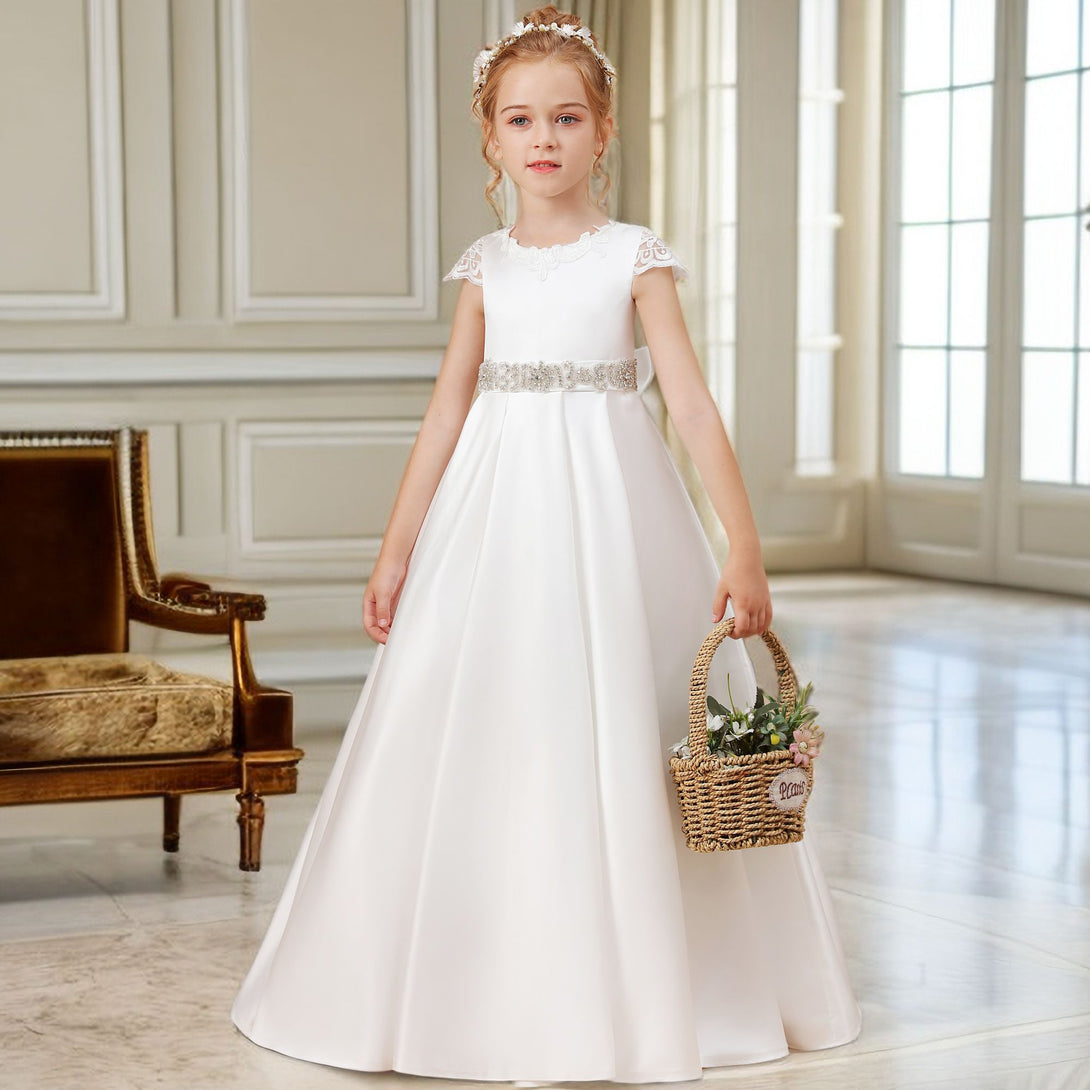 Ball Gown/Princess Cap Sleeve Scoop Neck Floor-Length Ivory Court Train Lace/Satin Flower Girl Dresses With Beads Belt and Removable Bow Girls Gidiondress
